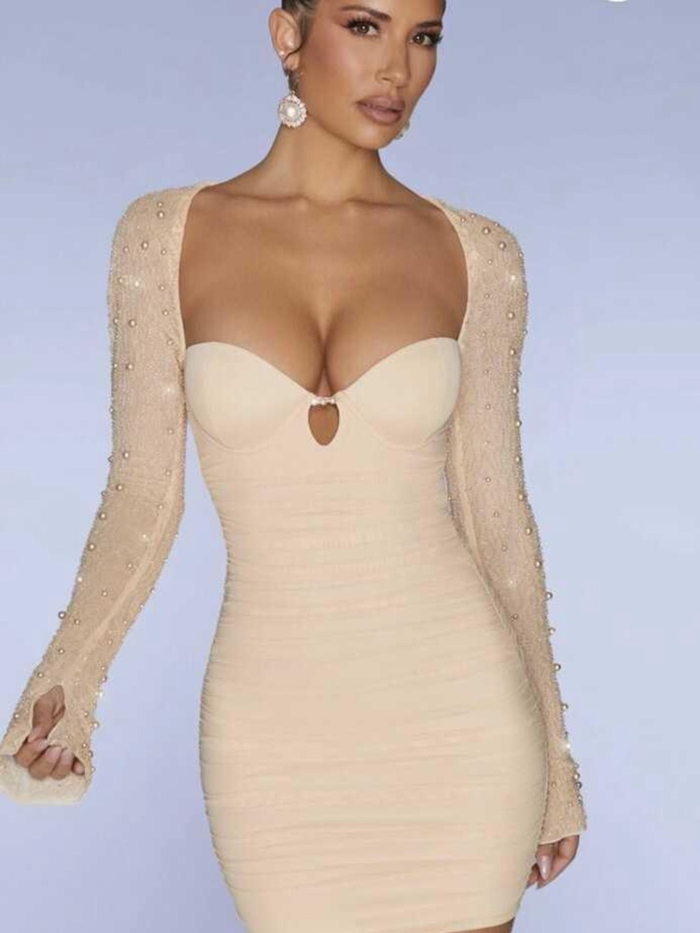 Oh Polly Beige Pearl-Embellished Long-Sleeve Midi Dress